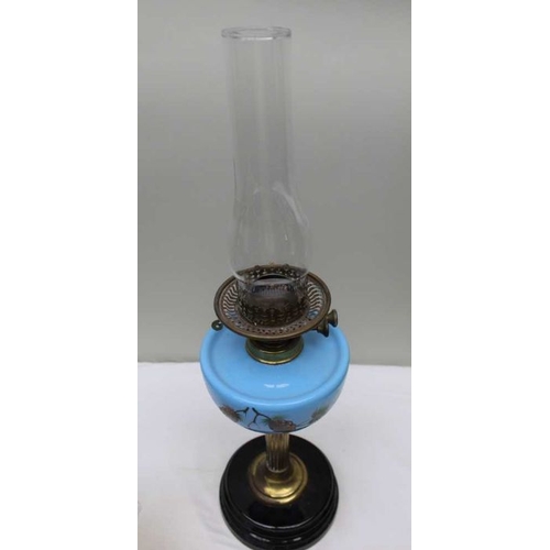 392 - A late Victorian oil lamp, blue glass reservoir with pine cone decoration, having fluted rim, opalin... 