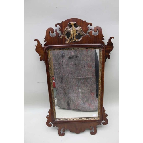 395 - A George II design mahogany fret frame wall mirror, with gilded Ho-ho bird to crest, the plate 52cm ... 