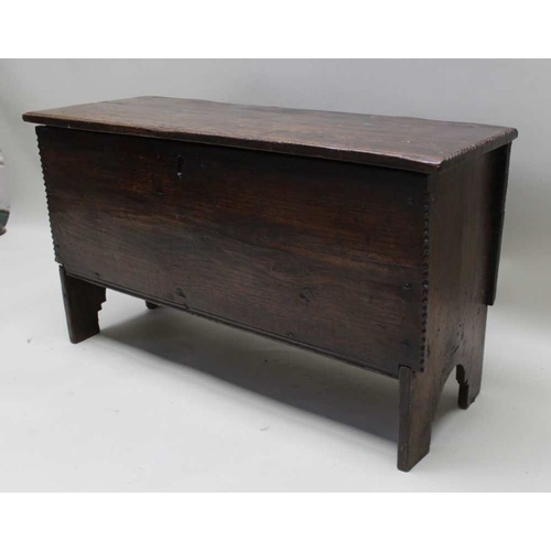 397 - An 18th century oak plank coffer, with hinged lid, 92cm wide