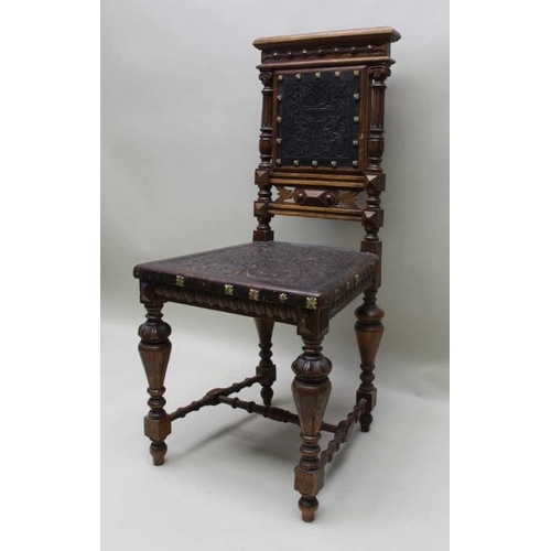 398 - A late 19th century Italian oak framed single chair, embossed studded seat & back