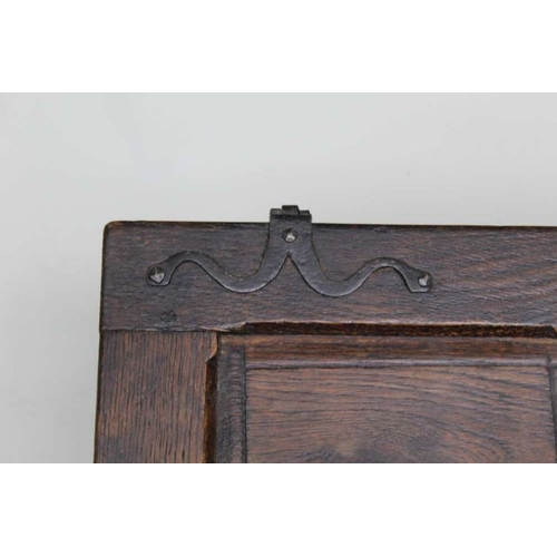 401 - A small 18th century Dutch oak box of coffer form with multi panelled front, lift up lid revealing p... 