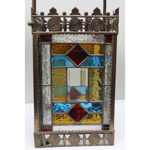 408 - A 19th century brass framed, stained glass, hall lantern, 35cm high