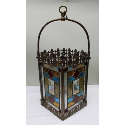 408 - A 19th century brass framed, stained glass, hall lantern, 35cm high