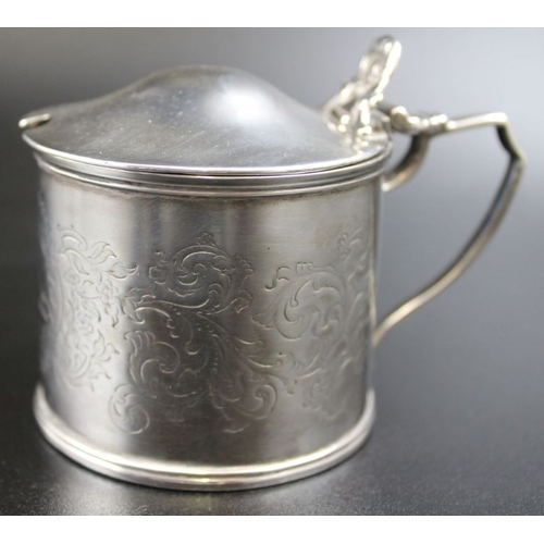 41 - A Silver William IV mustard pot, engraved decoration, falcon crest London 1833 complete with blue gl... 