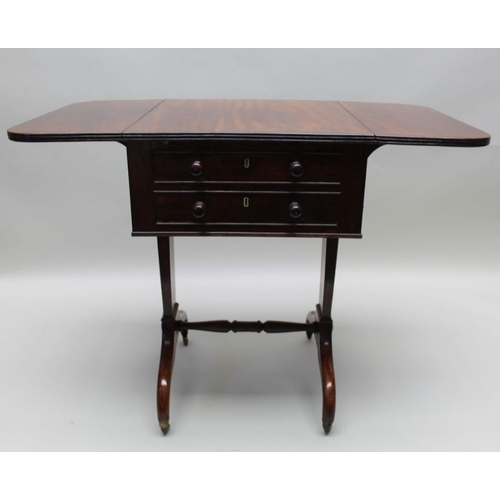 418 - An early 19th century mahogany sewing table, fitted drawers, twin flaps on trestle supports, 49cm x ... 