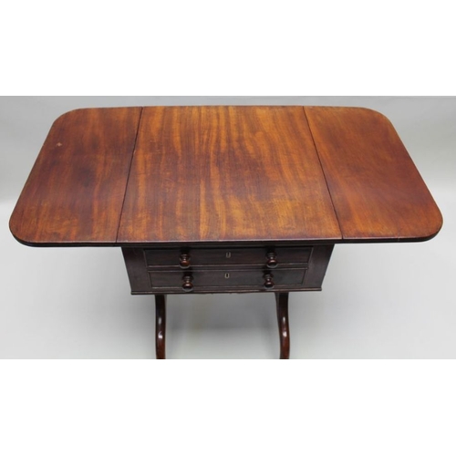 418 - An early 19th century mahogany sewing table, fitted drawers, twin flaps on trestle supports, 49cm x ... 