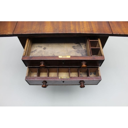 418 - An early 19th century mahogany sewing table, fitted drawers, twin flaps on trestle supports, 49cm x ... 