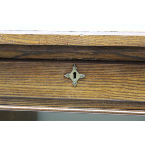 420 - A late Victorian oak twin pedestal desk with inset skiver top over three inline drawers upon two thr... 