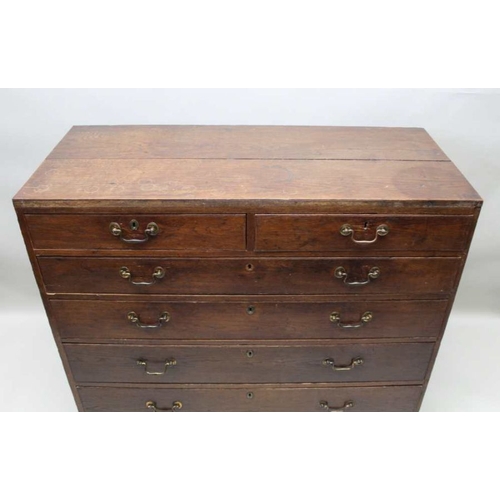 421 - A late 18th century oak six drawer chest, retaining period swan neck handles & blue paper linings, o... 