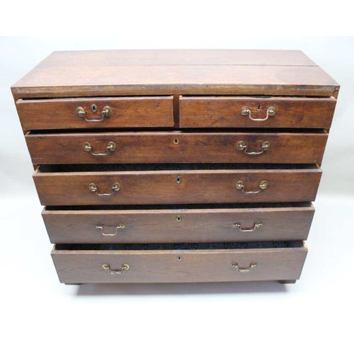 421 - A late 18th century oak six drawer chest, retaining period swan neck handles & blue paper linings, o... 