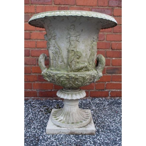 441 - A 19th century cast iron Borghese design urn, the everted egg & dart rim over a Classical frieze in ... 