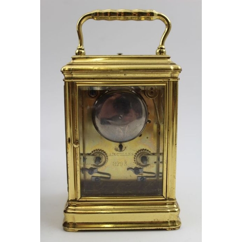 480 - A 19th century French brass repeater carriage clock, the gilt brass frame with five bevel glass pane... 