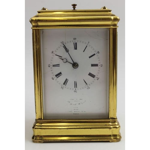 480 - A 19th century French brass repeater carriage clock, the gilt brass frame with five bevel glass pane... 