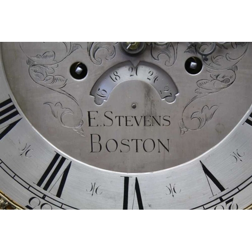 482 - Stevens, Boston, an 8-day oak longcase clock, with weight, pendulum, and two keys (mechanism & door)... 