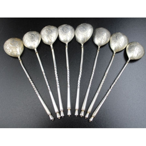 50 - A set of eight Russian silver tea stirrers, engraved bowls with monogram 