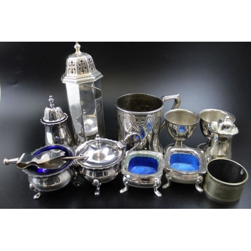 58 - A Victorian silver plated mug dated 15.8.66, together with sugar caster and various condiments and s... 