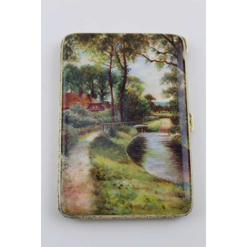 76 - A silver & gilt enamelled cigarette case, landscape panel to front, green guilloche to back, re-assa... 