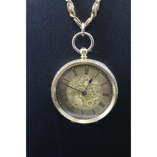 97 - An 18K engraved ladies pocket watch with roman numerals on a chain