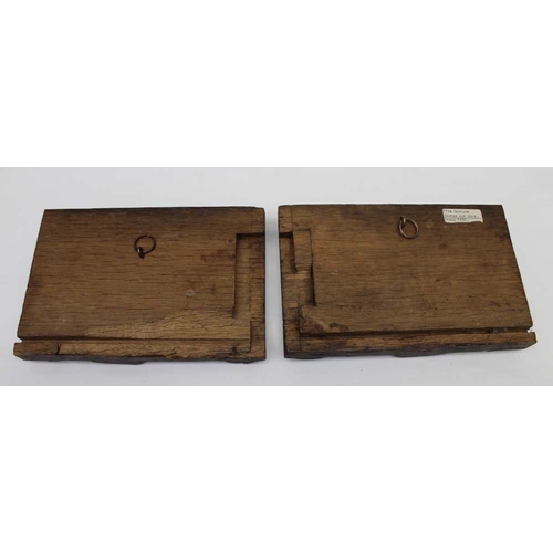 122 - A pair of 18th century carved oak panels, with lion decoration, 13cm x 20cm