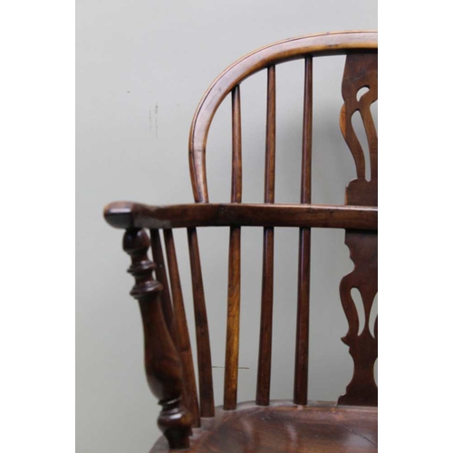 373 - A 19th century provincial open armchair, yew & elm, low hoop back with pierced splat, turned support... 