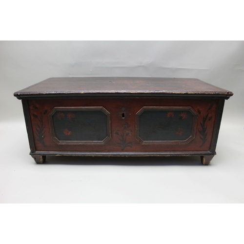 374 - A 19th century European painted pine box chest, hinged lid, the front and sides with moulded panels,... 