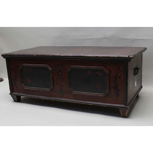 374 - A 19th century European painted pine box chest, hinged lid, the front and sides with moulded panels,... 