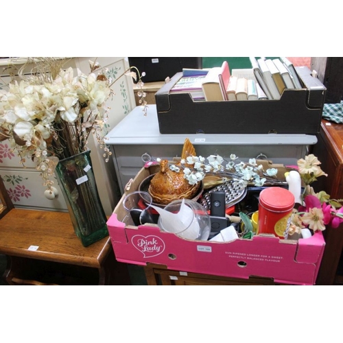 109 - A box of books, a box miscellaneous wares & a vase of artificial flowers