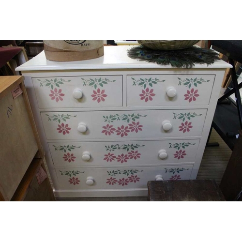 112 - A pine five drawer chest later painted and floral stencilled