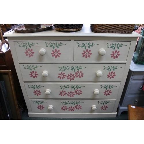 112 - A pine five drawer chest later painted and floral stencilled