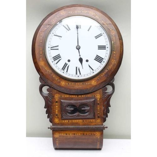 170 - A 19th century walnut veneer wall clock, with carved & inlaid decoration, 8-day movement, 29cm dial ... 