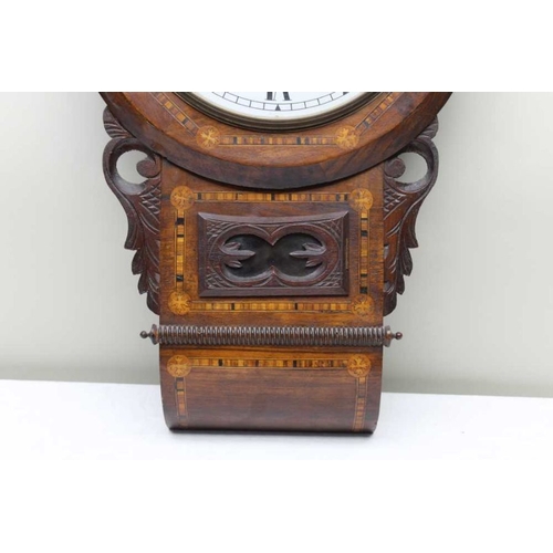 170 - A 19th century walnut veneer wall clock, with carved & inlaid decoration, 8-day movement, 29cm dial ... 