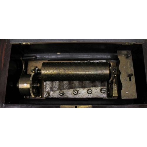 187 - A late 19th century rosewood cased cylinder musical box, clockwork mechanism, 17cm cylinder, the cas... 