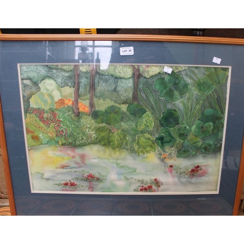 28 - A framed painting of a River Bank on silk