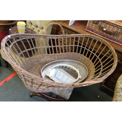 43 - Woven wicker large size Moses basket together with a gallaried tray & a small oval mirror