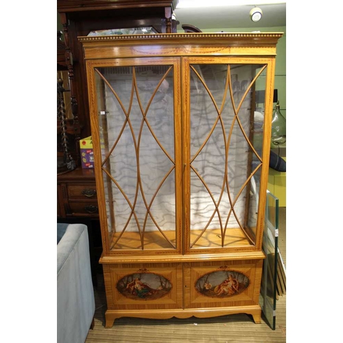 409 - A Sheraton design satinwood display case with twin bar glazed doors & two oval classical vignettes i... 