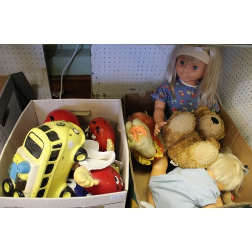 105 - Two boxes containing toys and dolls etc.