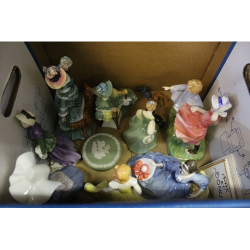111 - A box of mixed domestic china to include Royal Doulton figurines.