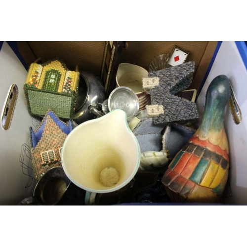 112 - A box containing a mixed selection of domestic items including horse head bookends, silver spoons, w... 