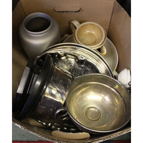 114 - A box containing domestic pottery and silver plated wares including a trophy.