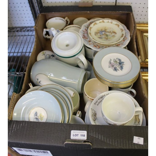 118 - A box of china table wares including commemorative tankards, tea and coffee services and children's ... 