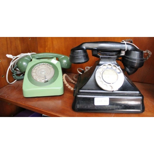 15 - An early bakelite telephone, GPO phone with original cotton cables, and a modern adapter, together w... 