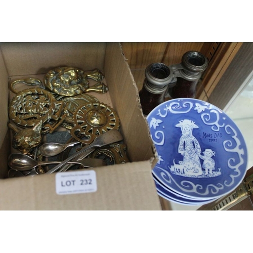 232 - A selection of domestic metal wares, pair of leather covered French jockey club binoculars and four ... 