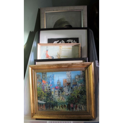 251 - A crate of decorative pictures to include original art works.