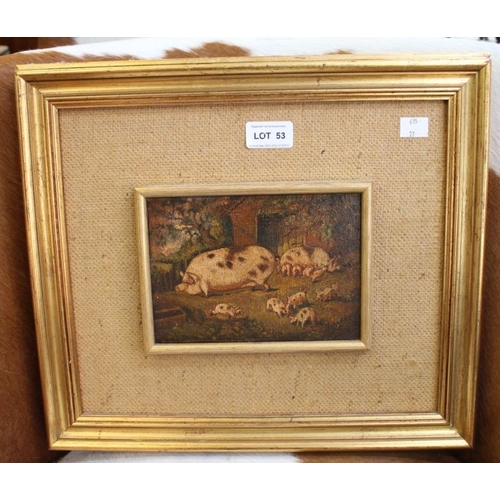 53 - An oil painting of pig and piglets, decoratively framed