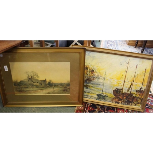 58 - Ben Maile - watercolour of Looe Harbour, with a rural print after Sylvester Stannard.