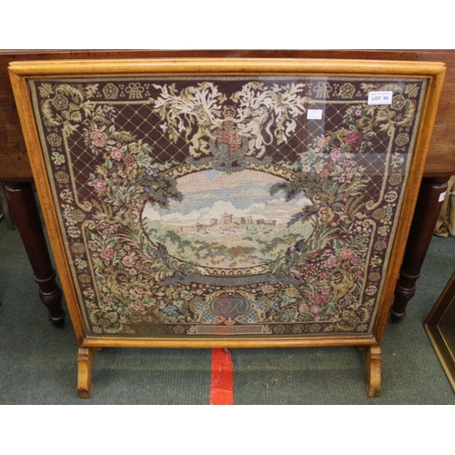 59 - A 1953 Coronation fire screen, inset tapestry panel depicting Windsor Castle