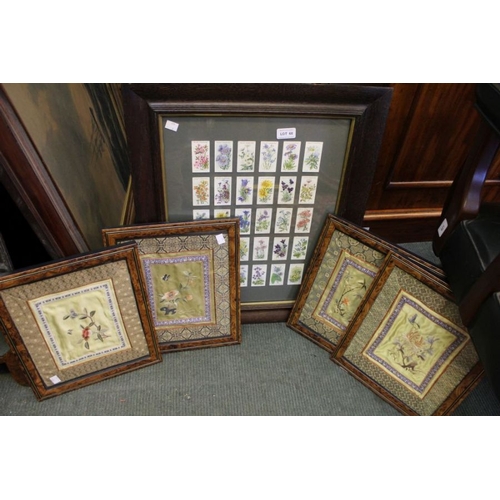 68 - A selection of glazed & framed Oriental silks together with framed cigarette cards.