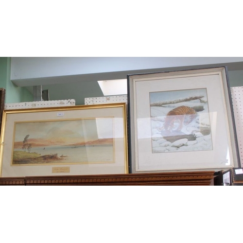 3 - A watercolour study of Loch Lomond by W H Earp, with a study of a drinking Chinese tiger