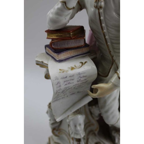 112 - A Late 18th century Derby patch mark porcelain figure of Shakespeare, leaning upon books, atop a col... 