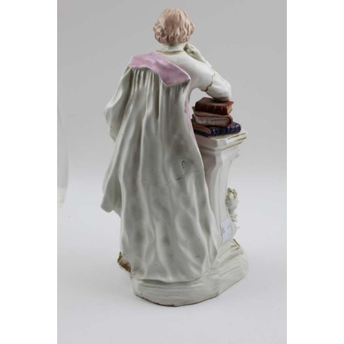 112 - A Late 18th century Derby patch mark porcelain figure of Shakespeare, leaning upon books, atop a col... 